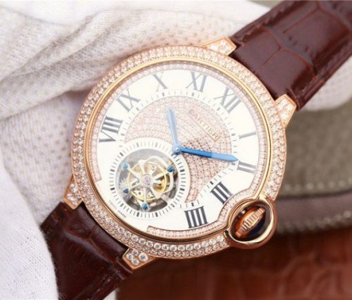 Replica Cartier Ballon Bleu de Cartier Tourbillon RG Paved Diamonds Leather Strap - Image 2