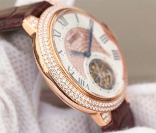 Replica Cartier Ballon Bleu de Cartier Tourbillon RG Paved Diamonds Leather Strap - Image 4