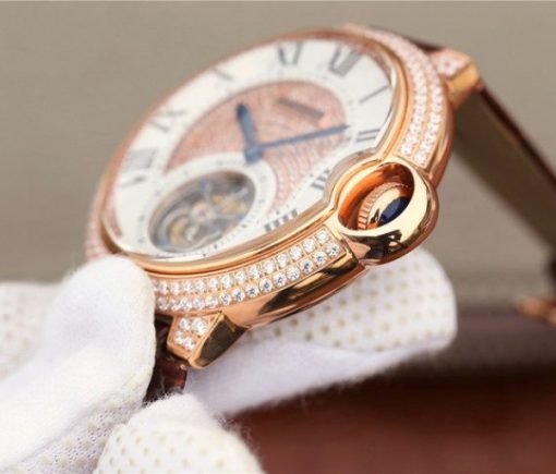 Replica Cartier Ballon Bleu de Cartier Tourbillon RG Paved Diamonds Leather Strap - Image 5
