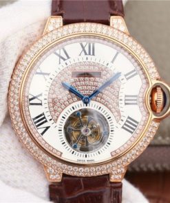 Replica Cartier Ballon Bleu de Cartier Tourbillon RG Paved Diamonds Leather Strap