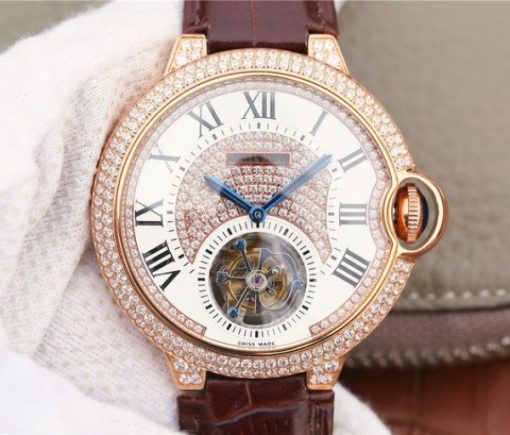 Replica Cartier Ballon Bleu de Cartier Tourbillon RG Paved Diamonds Leather Strap