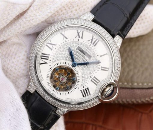 Replica Cartier Ballon Bleu de Cartier Tourbillon SS paved Diamonds Leather Strap - Image 2