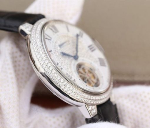 Replica Cartier Ballon Bleu de Cartier Tourbillon SS paved Diamonds Leather Strap - Image 4