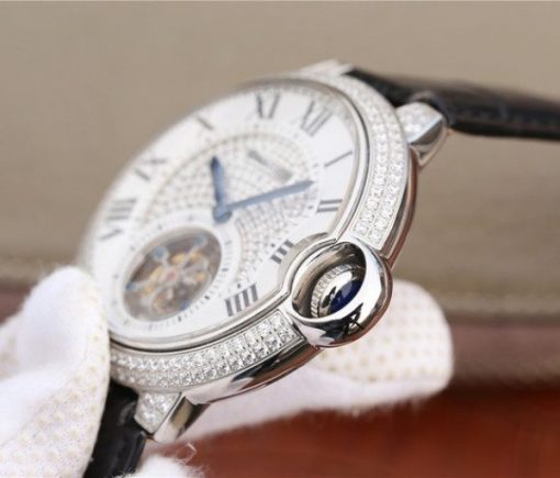 Replica Cartier Ballon Bleu de Cartier Tourbillon SS paved Diamonds Leather Strap - Image 5