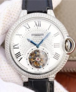 Replica Cartier Ballon Bleu de Cartier Tourbillon SS paved Diamonds Leather Strap
