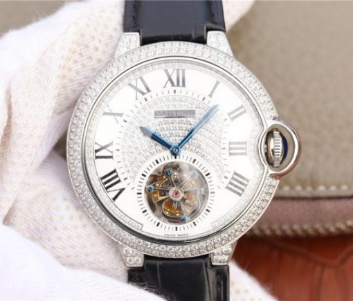 Replica Cartier Ballon Bleu de Cartier Tourbillon SS paved Diamonds Leather Strap