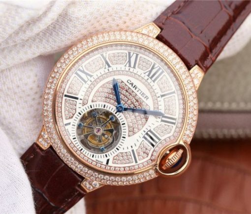 Replica Cartier Ballon Bleu de Cartier Tourbillon RG Full Paved Diamonds Leather Strap - Image 2