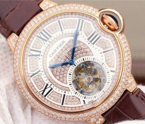 Replica Cartier Ballon Bleu de Cartier Tourbillon RG Full Paved Diamonds Leather Strap - Image 3