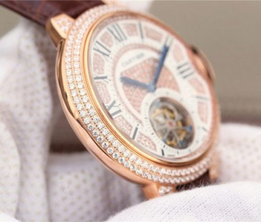Replica Cartier Ballon Bleu de Cartier Tourbillon RG Full Paved Diamonds Leather Strap - Image 5