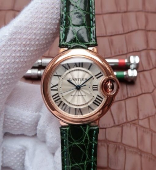 Replica Cartier Ballon Bleu 33mm RG White Textured Dial Leather Strap