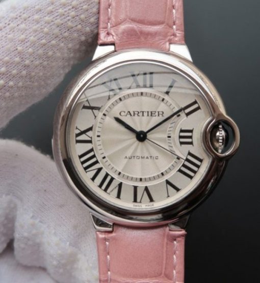 Replica Cartier Ballon Bleu 36mm White Textured Dial Pink Leather Strap