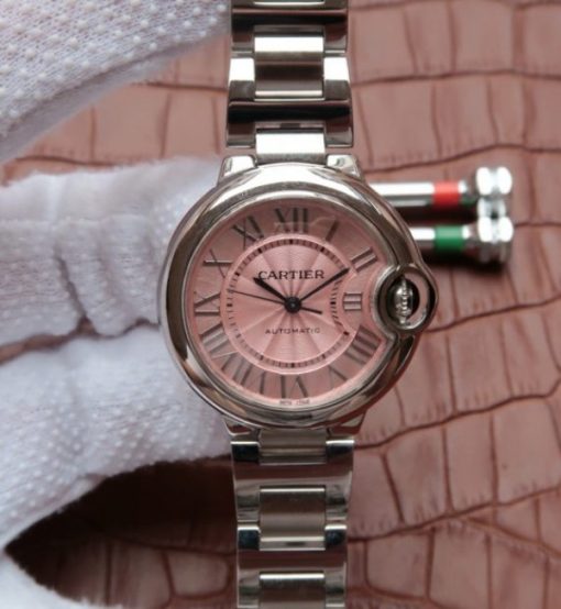 Replica Cartier Ballon Bleu 33mm SS Pink Textured Dial SS Bracelet SEIKO NH05A