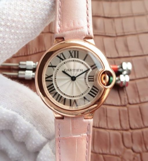 Replica Cartier Ballon Bleu 33mm RG White Dial Leather Strap Ronda Quartz