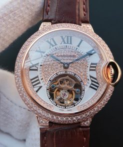 Replica Cartier Ballon Bleu de Cartier 42mm Tourbillon RG Paved Diamonds Leather Strap