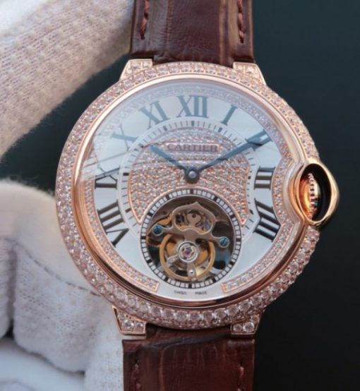 Replica Cartier Ballon Bleu de Cartier 42mm Tourbillon RG Paved Diamonds Leather Strap