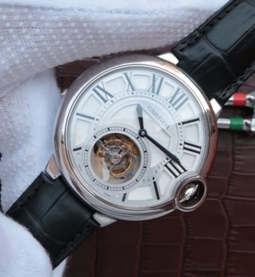 Replica Cartier Ballon Bleu Tourbillon 44mm SS Black Leather Strap - Image 2