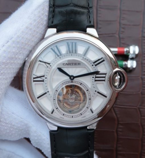 Replica Cartier Ballon Bleu Tourbillon 44mm SS Black Leather Strap