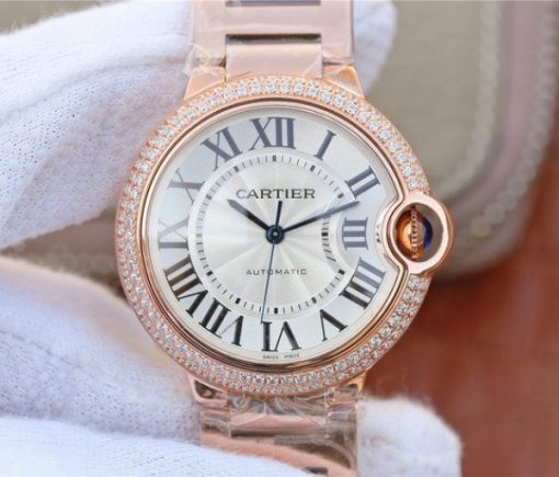 Replica Cartier Ballon Bleu 36mm RG White Textured Dial Diamond Bezel