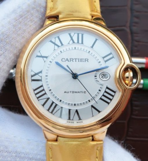 Replica Cartier Ballon Bleu 42mm YG White Dial Leather Strap ETA 2824