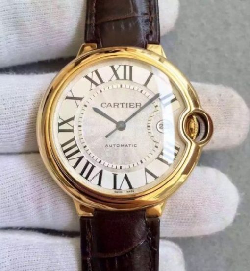 Replica Cartier JF Ballon Bleu 42mm YG White Textured Dial Leather Strap MIYOTA9015