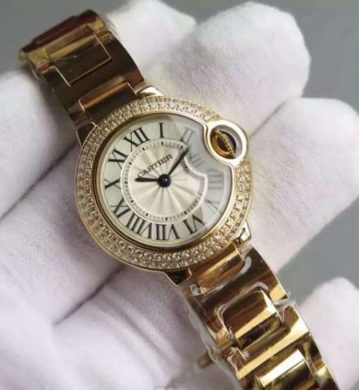 Replica Cartier Ballon Bleu 28mm YG Diamonds Bezel White Dial Bracelet Ronda Quartz - Image 3