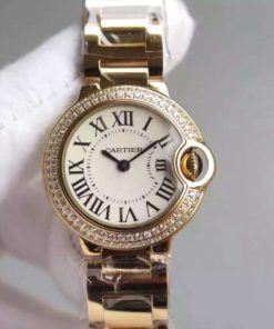 Replica Cartier Ballon Bleu 28mm YG Diamonds Bezel White Dial Bracelet Ronda Quartz