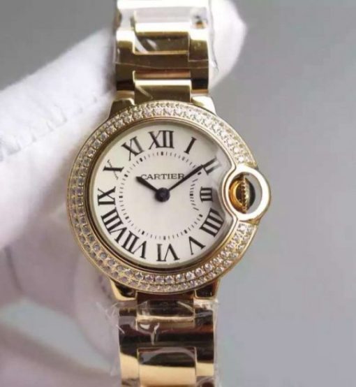 Replica Cartier Ballon Bleu 28mm YG Diamonds Bezel White Dial Bracelet Ronda Quartz