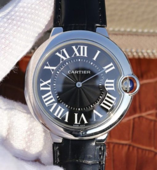 Replica Cartier TWF Ballon Bleu 46mm Black Textured Dial Leather Strap MIYOTA9015
