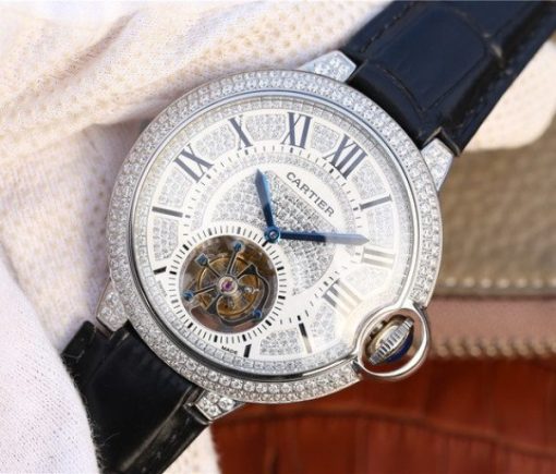 Replica Cartier Ballon Bleu de Cartier Tourbillon SS Full paved Diamonds Leather Strap - Image 2