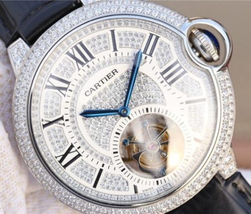 Replica Cartier Ballon Bleu de Cartier Tourbillon SS Full paved Diamonds Leather Strap - Image 3