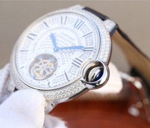 Replica Cartier Ballon Bleu de Cartier Tourbillon SS Full paved Diamonds Leather Strap - Image 4