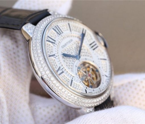 Replica Cartier Ballon Bleu de Cartier Tourbillon SS Full paved Diamonds Leather Strap - Image 5