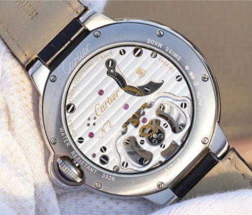 Replica Cartier Ballon Bleu de Cartier Tourbillon SS Full paved Diamonds Leather Strap - Image 6