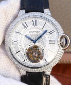 Replica Cartier Ballon Bleu de Cartier Tourbillon SS Full paved Diamonds Leather Strap