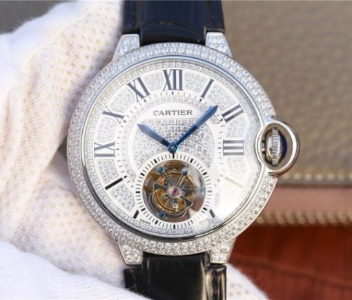 Replica Cartier Ballon Bleu de Cartier Tourbillon SS Full paved Diamonds Leather Strap