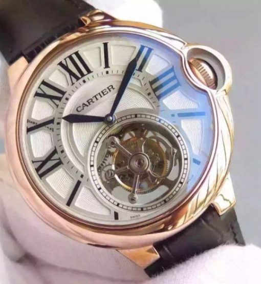 Replica Cartier Ballon de Cartier 46MM Tourbillon RG White Dial Leather Strap Flying Tour - Image 2