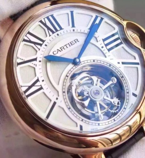 Replica Cartier Ballon de Cartier 46MM Tourbillon RG White Dial Leather Strap Flying Tour - Image 4