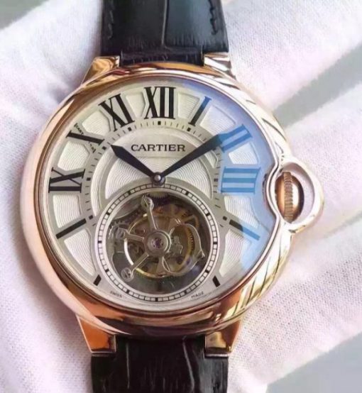 Replica Cartier Ballon de Cartier 46MM Tourbillon RG White Dial Leather Strap Flying Tour