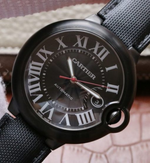 Replica Cartier V6F Ballon Bleu 42mm DLC All Black Black Textured Dial Leather Strap A1847 - Image 2