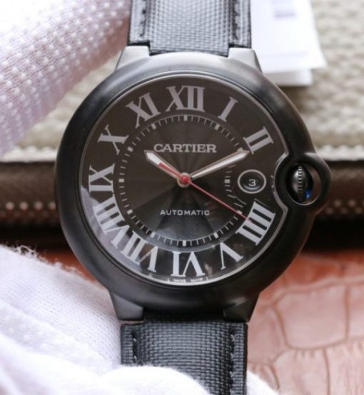Replica Cartier V6F Ballon Bleu 42mm DLC All Black Black Textured Dial Leather Strap A1847