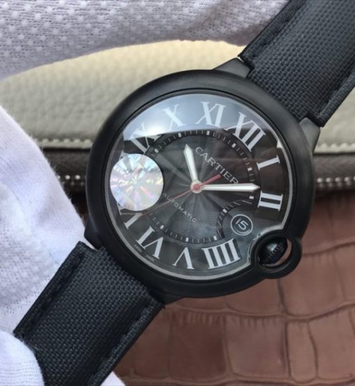 Replica Cartier JF Ballon Bleu 42mm DLC All Black Black Textured Dial Leather Strap A1847 - Image 2