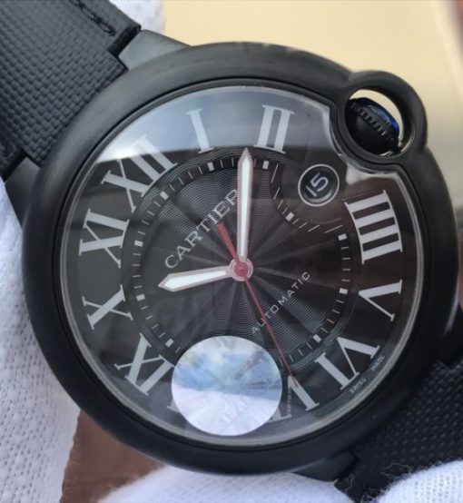 Replica Cartier JF Ballon Bleu 42mm DLC All Black Black Textured Dial Leather Strap A1847 - Image 3