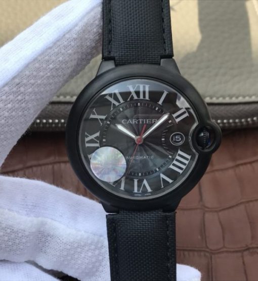 Replica Cartier JF Ballon Bleu 42mm DLC All Black Black Textured Dial Leather Strap A1847