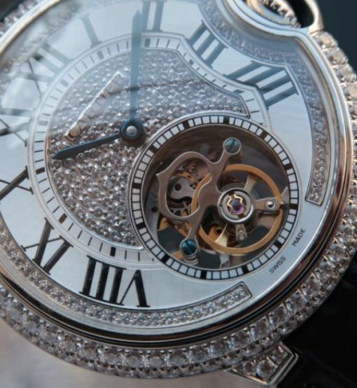Replica Cartier Ballon Bleu de Cartier Tourbillon SS Paved Diamonds Black Leather Strap - Image 2