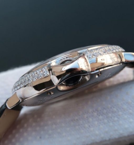 Replica Cartier Ballon Bleu de Cartier Tourbillon SS Paved Diamonds Black Leather Strap - Image 3