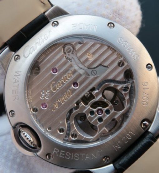 Replica Cartier Ballon Bleu de Cartier Tourbillon SS Paved Diamonds Black Leather Strap - Image 5