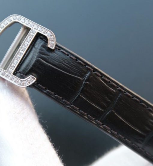 Replica Cartier Ballon Bleu de Cartier Tourbillon SS Paved Diamonds Black Leather Strap - Image 6