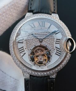 Replica Cartier Ballon Bleu de Cartier Tourbillon SS Paved Diamonds Black Leather Strap