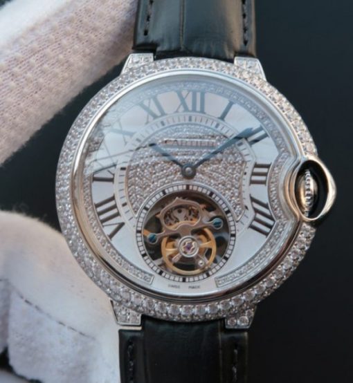 Replica Cartier Ballon Bleu de Cartier Tourbillon SS Paved Diamonds Black Leather Strap