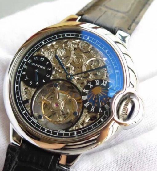 Replica Cartier Ballon Bleu Skeleton Tourbillon Black Dial Black Leather Strap - Image 2